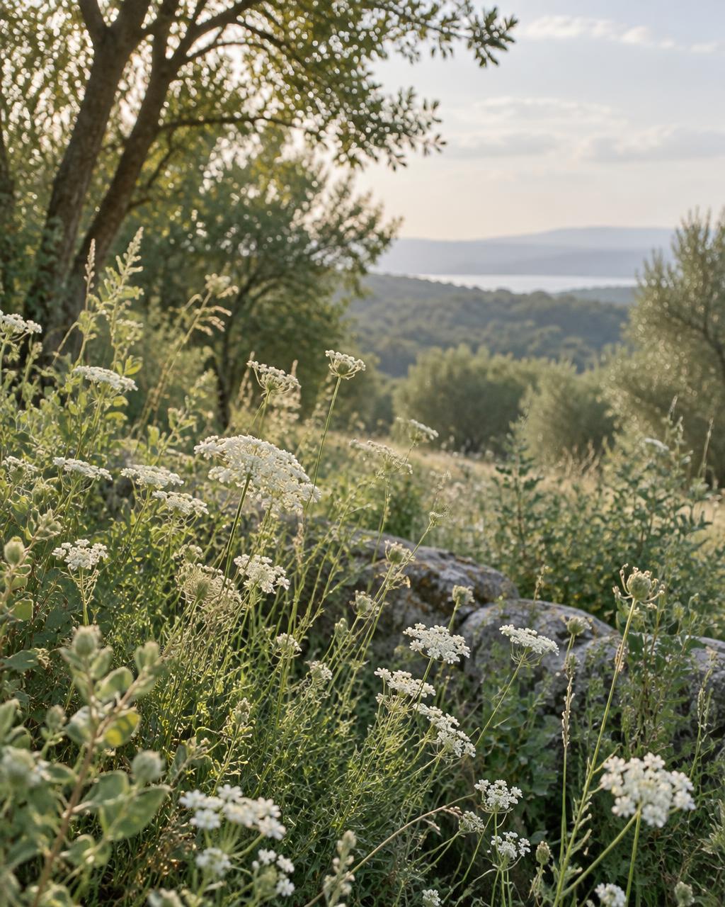 Wildflowers growing in a peaceful sunlit meadow