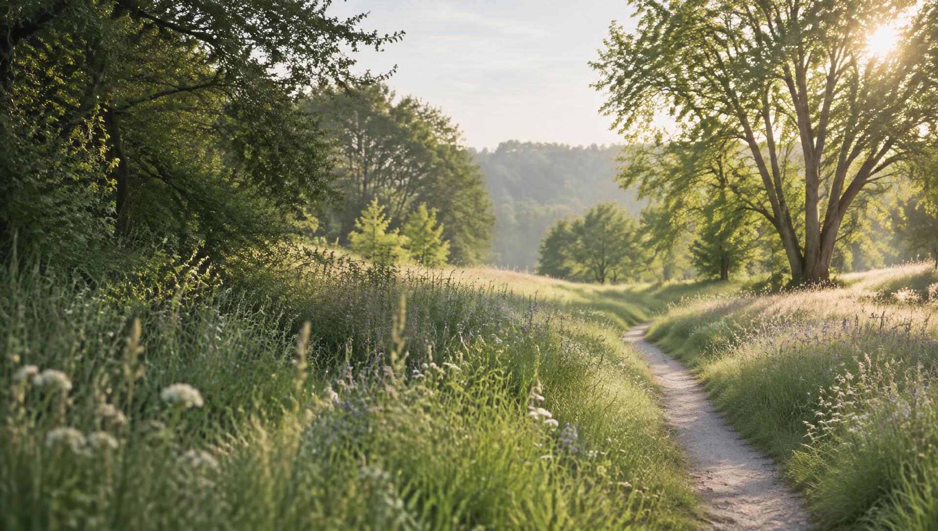 A quiet path through sunlit meadow grasses and trees